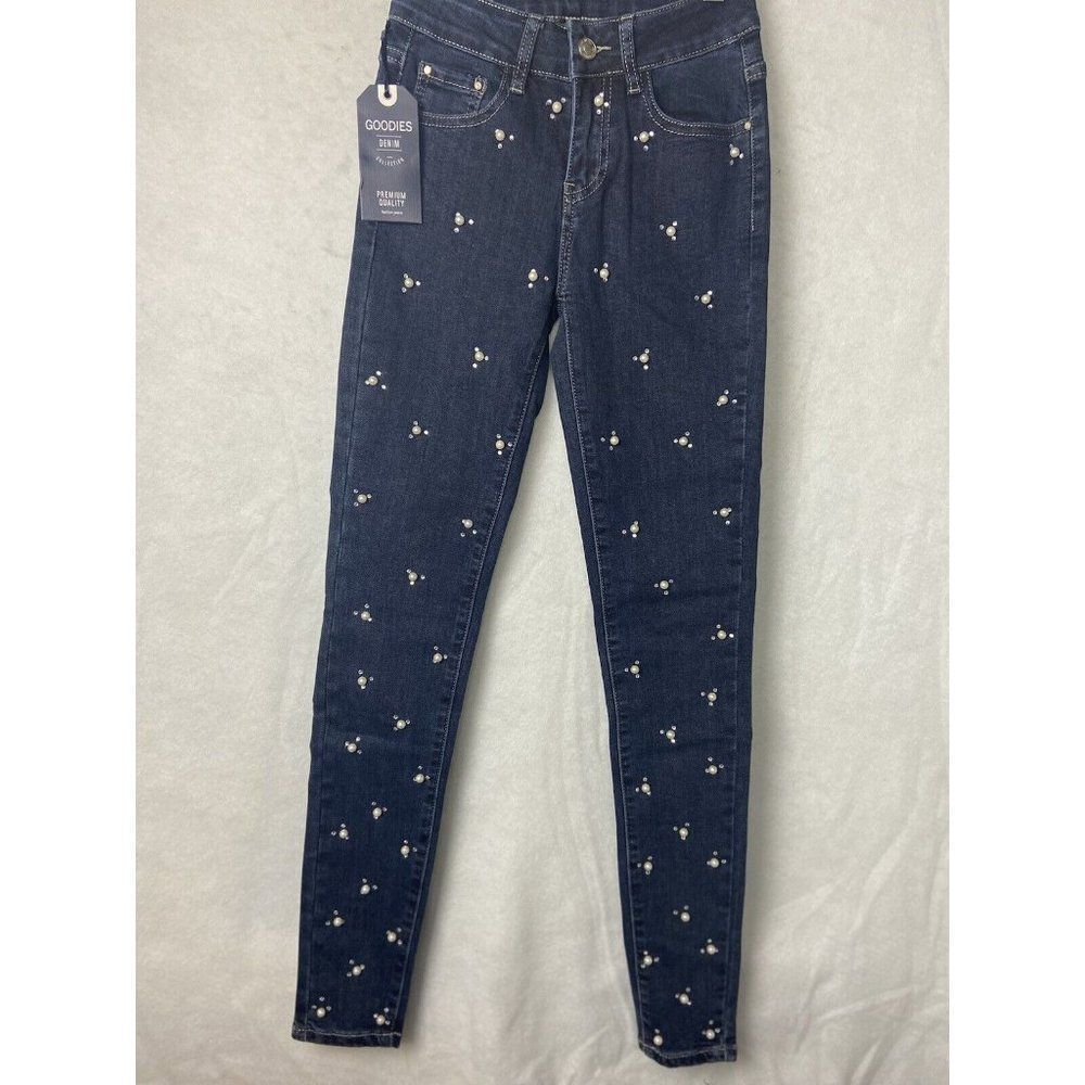 GOODIES WOMEN'S DENIME JEANS WITH PEARL BEADED FRONT SIZE EUR 34 STRETCH NEW
